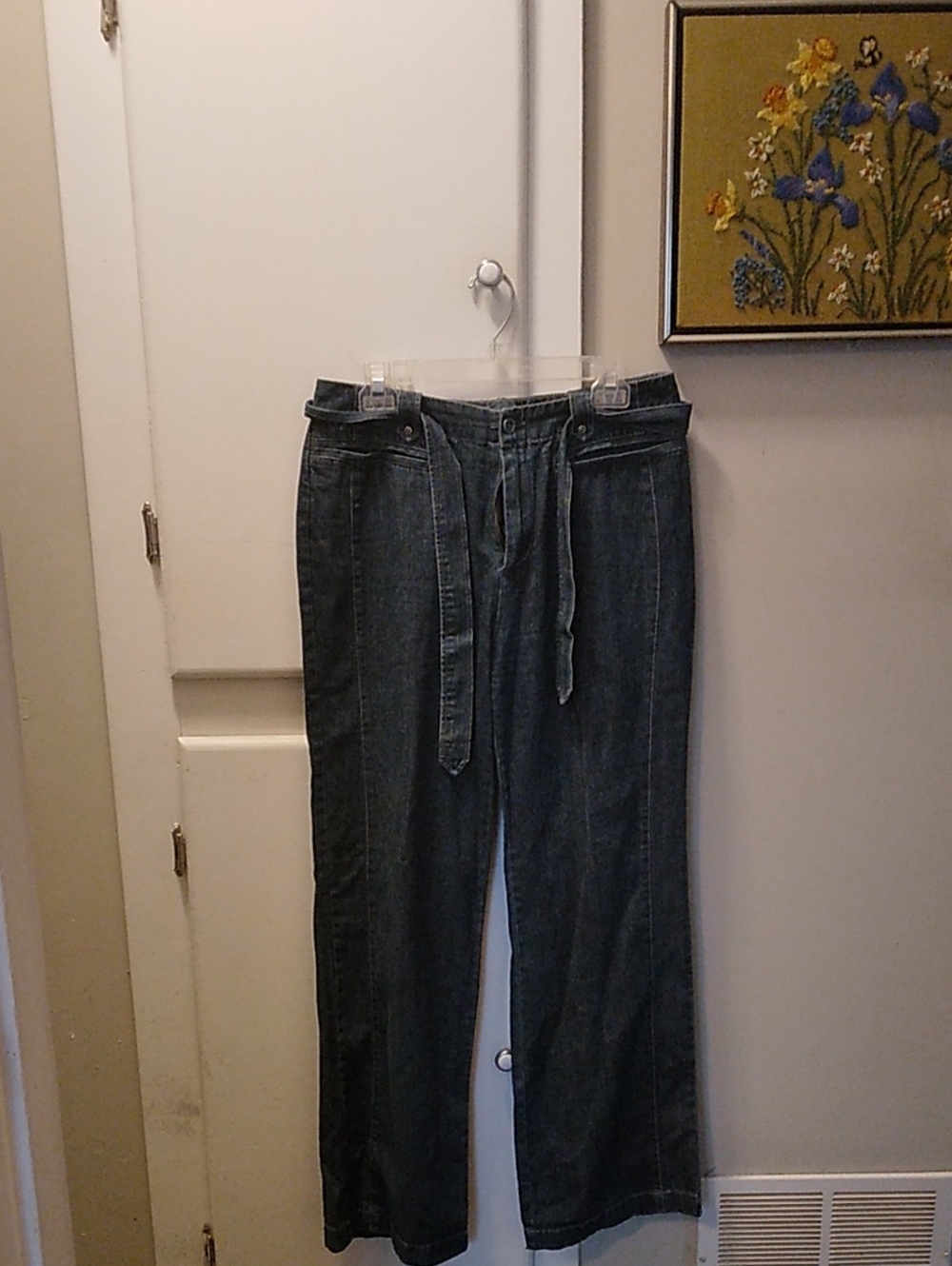 French Cuff Dark Blue Slight Wide-Leg Jeans with Waist Tie